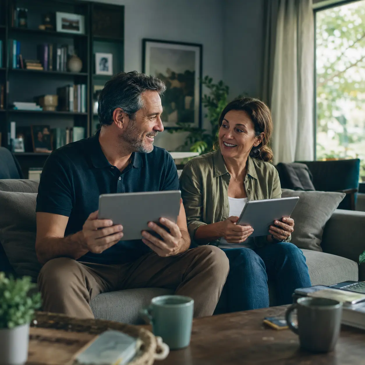 Casal comparando imóveis em um tablet na sala de casa